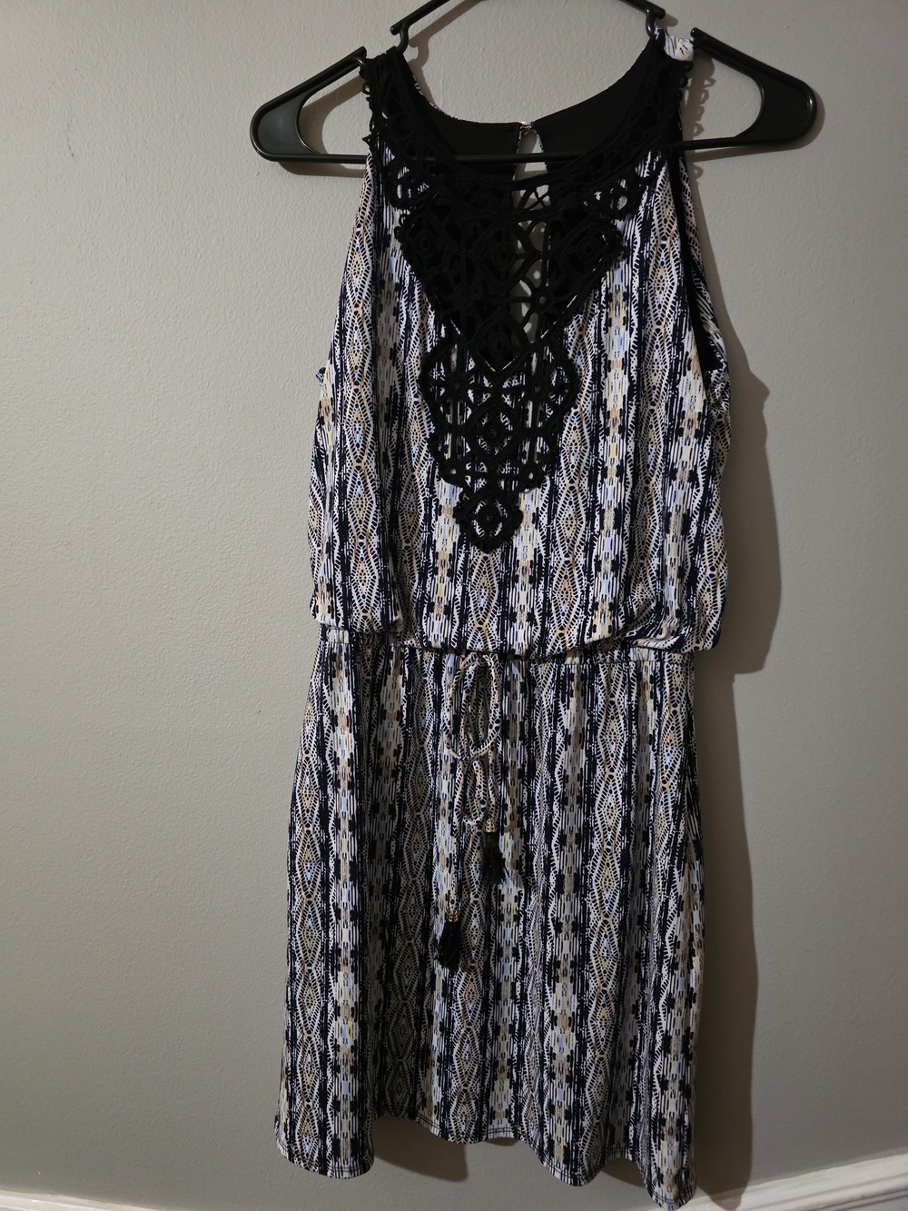 White House Black Market Black,blue  and Cream Crochet-Detail Mini Dress